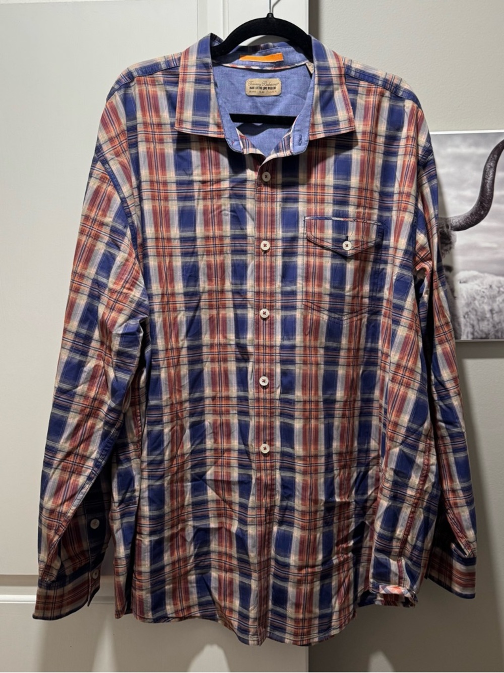 Tommy Bahama Shirt Mens 2XL XXL Plaid Button Up Long Sleeve Flip Cuff Cotton